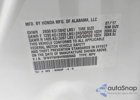 2017 Honda Pilot Touring from USA, damaged, VIN 5FNYF6H94HB060660